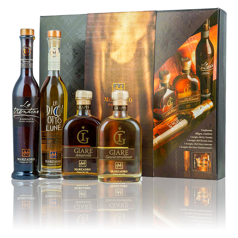 Marzadro - Allegra Set 4x20cl - 41% - 80cl - je 20cl Giare Amarone, Giare Gewürztraminer, 18Lune, La Trentina Barrique