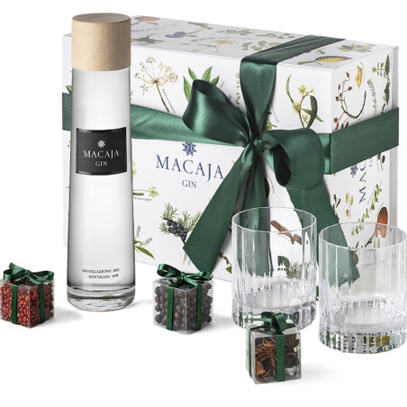 Bocchino - Geschenkpackung - Macaja Gin (9619)-  46.8% - 50cl - GP mit 2 Gläsern und Botanicals