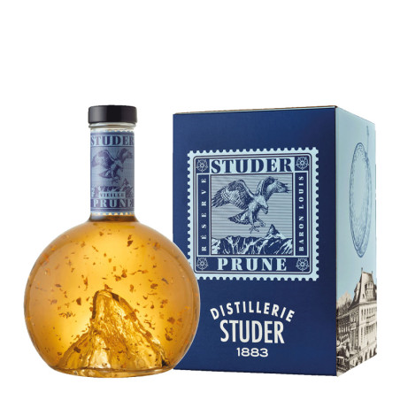 Studer - Vieille Prune - 42% - 70cl - Réserve Baron Louis - "Mountain" (Swiss Premium Gold Selection) mit 24 Karat Goldfltter 