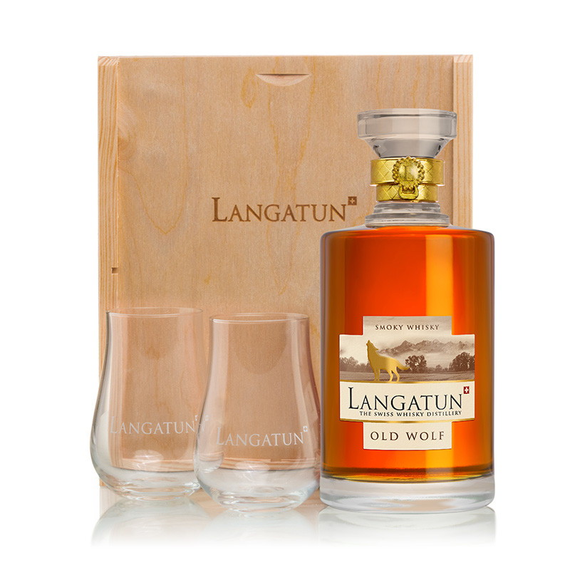 Langatun - Geschenkbox - Old Wolf - 46% - 50cl - in Karaffe - in Holzbox mit 2 Gläser