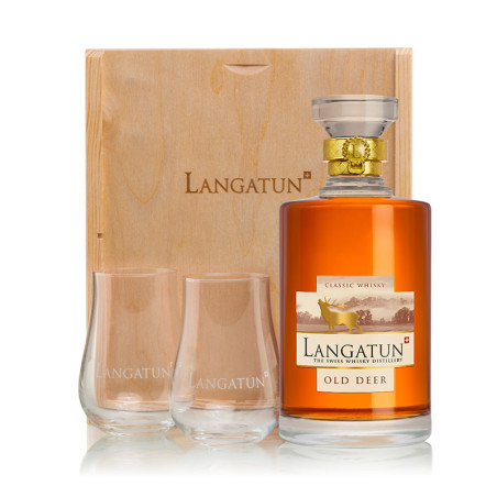 Langatun - Geschenkbox - Old Deer - 46% - 50cl - in Karaffe - in Hozbox - 2 Gläser 