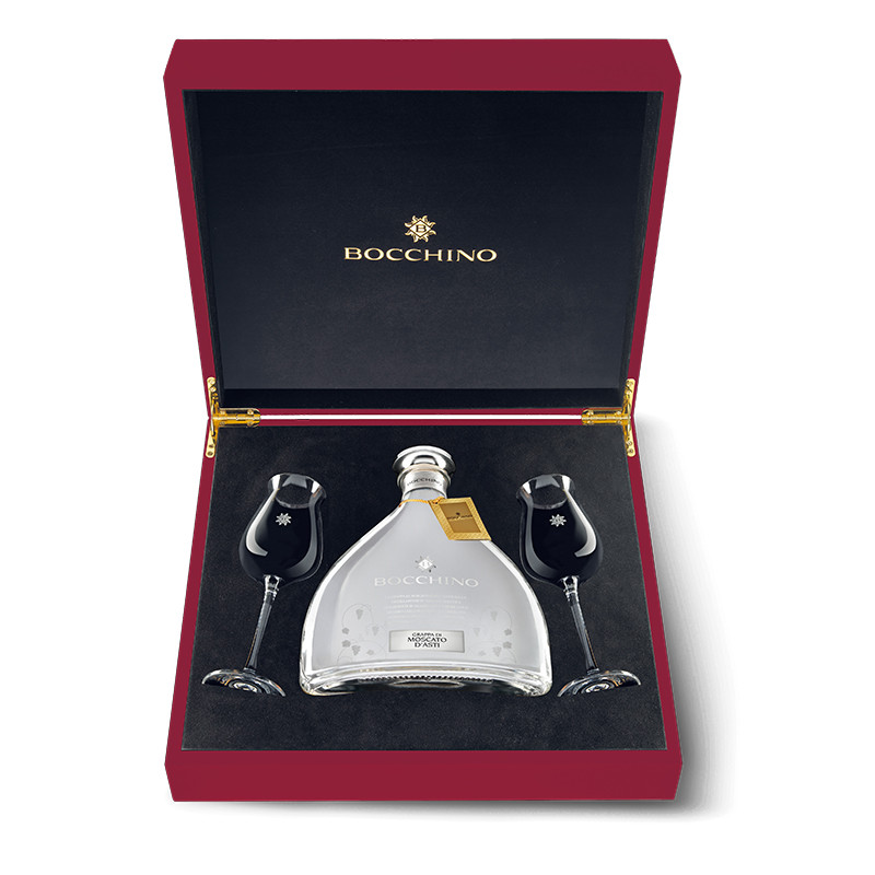 Bocchino - Geschenkpackung - Grappa di Moscato Bianca (1405) - 40% - 70cl - GP in Holzbox mit 2 Gläsern