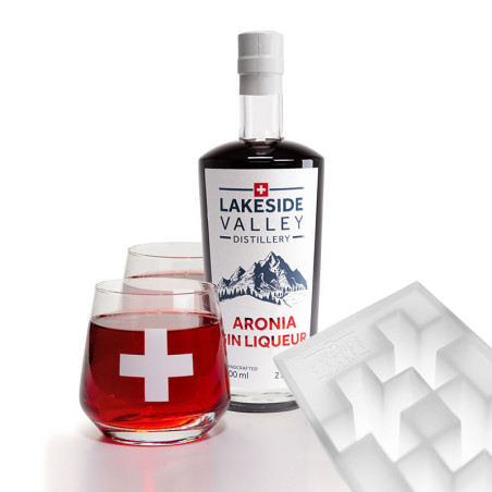 Schweiz im Glas Starter Set - Gin Likör - Lakeside Valley Distillery - 21% - 50cl + 2 Chrüzliglas + Eiswürfel Chrüzliform 