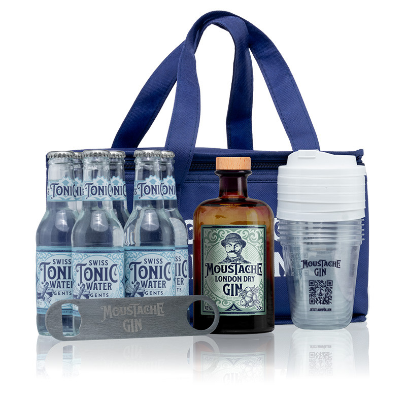 Moustache Gin Tonic Kühltasche - London Dry Gin - 43% - 50cl - inkl. 6x 20cl Swiss Tonic mit Becher und Flaschenöffner