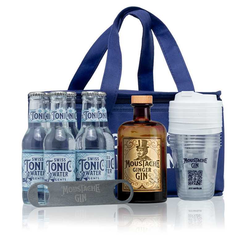 Moustache Gin Tonic Kühltasche - Ginger Gin - 43% - 50cl - inkl. 6x 20cl Swiss Tonic mit Becher und Flaschenöffner