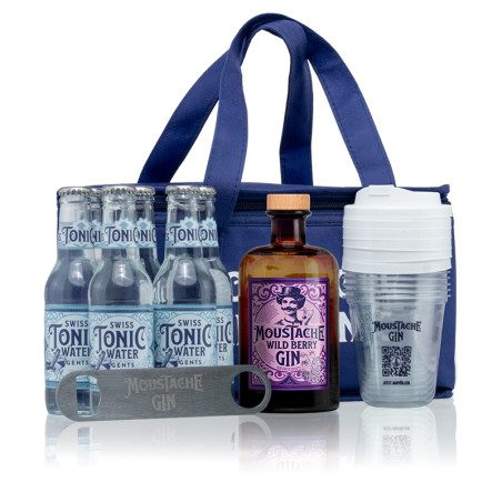 Moustache Gin Tonic Kühltasche - Wild Berry Gin - 43% - 50cl - inkl. 6x 20cl Swiss Tonic mit Becher und Flaschenöffner